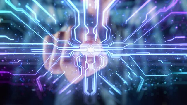 Digitalization Concept: Human Finger Pushes Touch Screen Button and Activates Futuristic Artificial Intelligence Interface. Visualization of Machine Learning, Computer Technology, Online Connectivity.