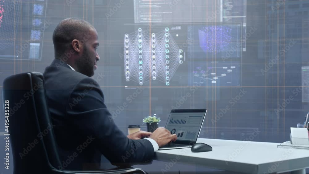 Aufkleber Office Manager with Animated Virtual Background: Businessman Sitting at a Desk Working on a Laptop Computer. Man Working with Big Data Finance Analysis. 360 Degree Tracking Shot. Camera Moving Around.