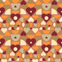 Abstract geometric seamless pattern with circles, hearts in bauhaus retro style. Simple shapes repeat banner background. Vector illustration for fabric, wallpaper, wrapping paper
