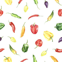 watercolor seamless pattern pepper red, green, yellow