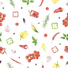 watercolor pattern vegetables pepper, aromatic 
herbs, tomato