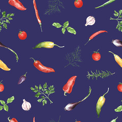 watercolor pattern chili, vegetables, aromatic herbs and spices