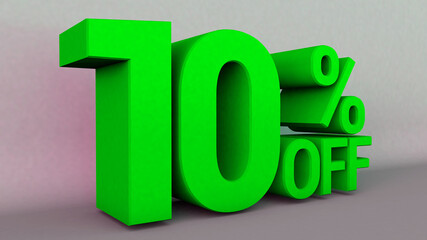 3D Illustration with text: 10 % off. Promotion for big sales. Green text color on a gray background.