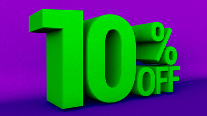 3D illustration with text: 10 % Off. Discount for big sales. Green text color on a purple background.