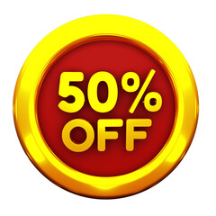 3D Illustration with text: 50 % off. A offer for big sales. Yellow text color on a red background.