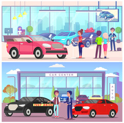 Fototapeta na wymiar Car center, people customer buyer choosing automobile in store. Test drive of auto, auto showroom, sale of luxury transport, girl in distribution shop. Character examines transport for purchase