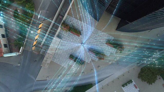 Big City Business Partners Use Laptop Computer In Urban Park. E-Commerce Visualization Of Information Lines Flying From Laptop Into Global Online Network. Top-Down Zoom Out Aerial Drone Shot.