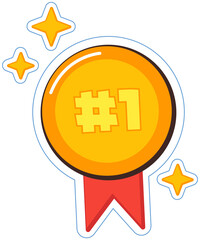 Prize for winner of competition. Gold medal for first place. Award, winning prize icon. Stick, symbol of victory for mobile app, banner. Gold medal sticker with red ribbon vector illustration