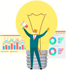 Work with business creative plan advertising. Man tiger announces idea of new project, startup. Businessman with loudspeaker on background of light bulb. Presentation of business statistics