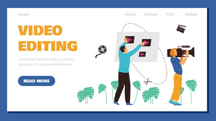 Video editing services advertising website banner flat vector illustration.