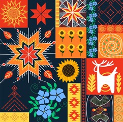 Modern Ukrainian ornament. Seamless pattern in the Ukrainian style. Symbols of Ukraine. National symbols. Culture of Central Europe. Pysanka. Embroidery. Trendy ethnic pattern. Collage