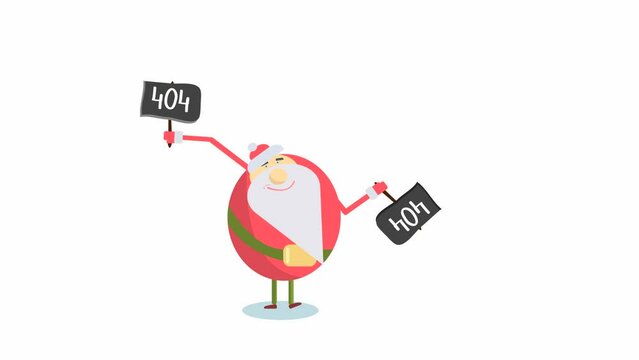 animation with merry Santa waving his hands with signs 404 on a white background. christmas internet error page