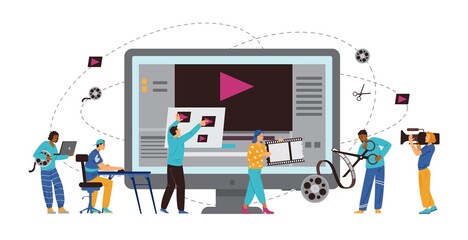 Motion designers and animators creating video, flat vector illustration.