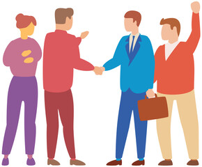 Company staff cooperation, project strategy planning. People have business meeting discussion. Partners shaking hands after signing contract, agreement, deal. Partnership, brainstorming concept