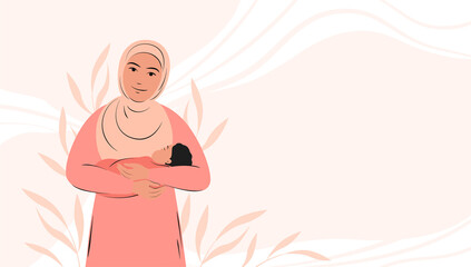 Banner about pregnancy and motherhood with place for text. Arabian woman is holding newborn baby. Muslim girl in traditional dress. Flat vector illustration.