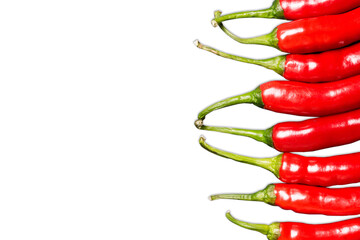 Red hot chili peppers isolated on white background. Spicy food ingredient. Empty copy space vegetable background. Raw cayenne pepper. Fresh vibrant red pepper background.