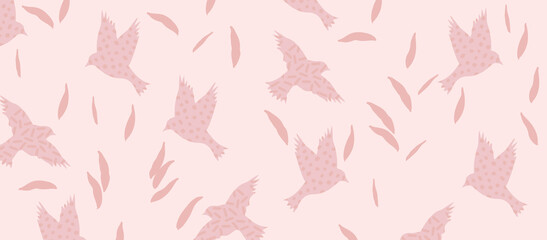 Fototapeta na wymiar Soft pink and feminine wildlife pattern with doves. Flying birds and leaves vector illustration design