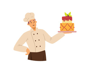 Baker confectioner with birthday or wedding cake, vector illustration isolated.