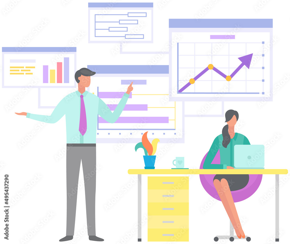 Poster people analysing diagrams and bar chart on poster. growth arrow and graphs with data on table. marke
