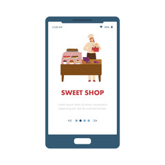 Sweet shop onboarding page with confectioner, flat vector illustration.