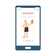 Desserts app onboarding screen with pastry-cook, flat vector illustration.