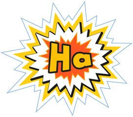 Comic speech bubble with expression text. Conversation phrase in form of sticker. Cartoon style patch badge with word in explosion cloud. Design element for talking. Lettering, Ha inscription sticker