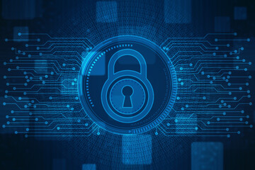 Digital Padlock on abstract technology background, Technology security concept. Modern safety digital background. Protection system, Cyber Security and safety information, personal data concept