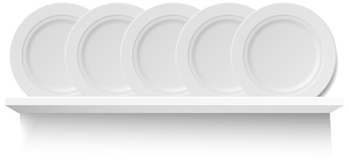 Round white plates on wooden shelf for utensil. Kitchen stuff for cooking and serving food, breakfast, lunch and dinner. Vector illustration in flat style, shelving concept on white background