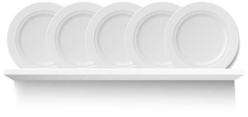 Obraz premium Round white plates on wooden shelf for utensil. Kitchen stuff for cooking and serving food, breakfast, lunch and dinner. Vector illustration in flat style, shelving concept on white background