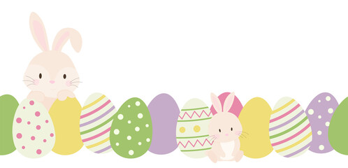 Easter seamless border with colorful eggs and rabbits