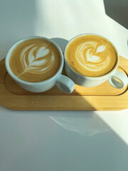 late art coffee with a pattern in a white cup on a white background, two white cups of delicious cappuccino and latte. View from above