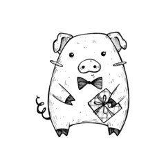 cute pig with a gift. doodle illustration for printing on postcards, textiles, souvenirs. character for a children's book.