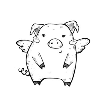 piglet with angel wings. cute character is drawn with liners. pig doodle illustration for printing on postcards, textiles, souvenirs. character for a children's book. graphic hand drawing.