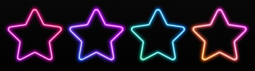 Gradient neon star frames set. Glowing borders isolated on a dark background. Colorful night banner, vector light effect. Bright illuminated shape. - obrazy, fototapety, plakaty