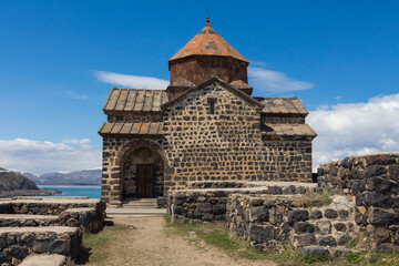 Fototapeta na wymiar The buildings of the ancient monastery of Sevanavank near Lake Sevan in Armenia 