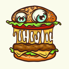 hamburger monster cartoon design vector, Design element for logo, poster, card, banner, emblem, t shirt. Vector illustration