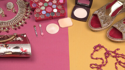 Bridal wedding jewelry and shoes, make up accessories on beautiful background. Top view, Space for text.