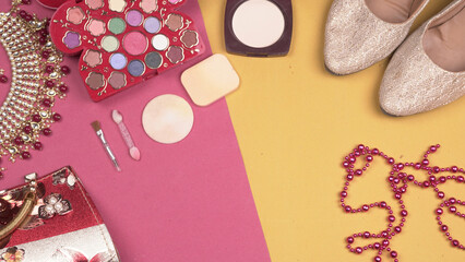 Bridal wedding jewelry and shoes, make up accessories on beautiful background. Top view, Space for text.