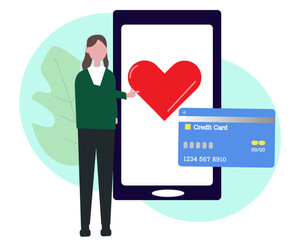 Woman donating money on mobile phone. Online donation, support and volunteers work concept. credit card and heart icons. Vector illustration