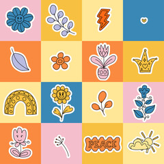 Trendy seamless pattern with Positive, Groovy, Hippie style stickers. Retro 60s, 70s style. Background, wallpaper, textile design for children, kids. Cartoon pattern design. 