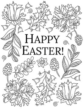 Happy Easter! Hand drawn coloring pages for kids and adults. Beautiful drawings with patterns and details. Spring coloring book pictures with blooming branches, flowers, smile, stickers, quotes
