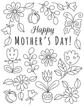 Happy Mother's day! Hand drawn coloring pages for kids and adults. Beautiful drawings with patterns and details. Spring coloring book pictures with blooming branches, flowers, smile, stickers, quotes