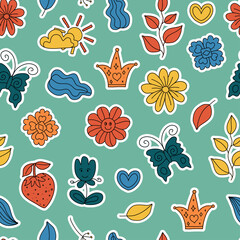 Trendy seamless pattern with Positive, Groovy, Hippie style stickers. Retro 60s, 70s style. Background, wallpaper, textile design for children, kids. Cartoon pattern design. 