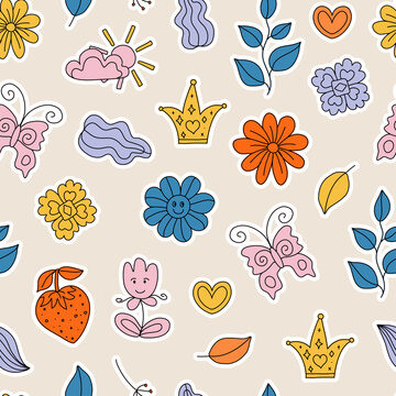 Trendy seamless pattern with Positive, Groovy, Hippie style stickers. Retro 60s, 70s style. Background, wallpaper, textile design for children, kids. Cartoon pattern design. 