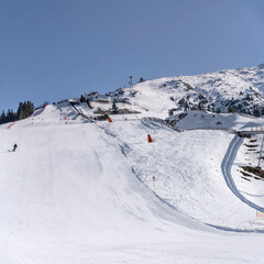 Fototapeta na wymiar ski run and mountain-hut at Rosshutte, Seefeld, Austria