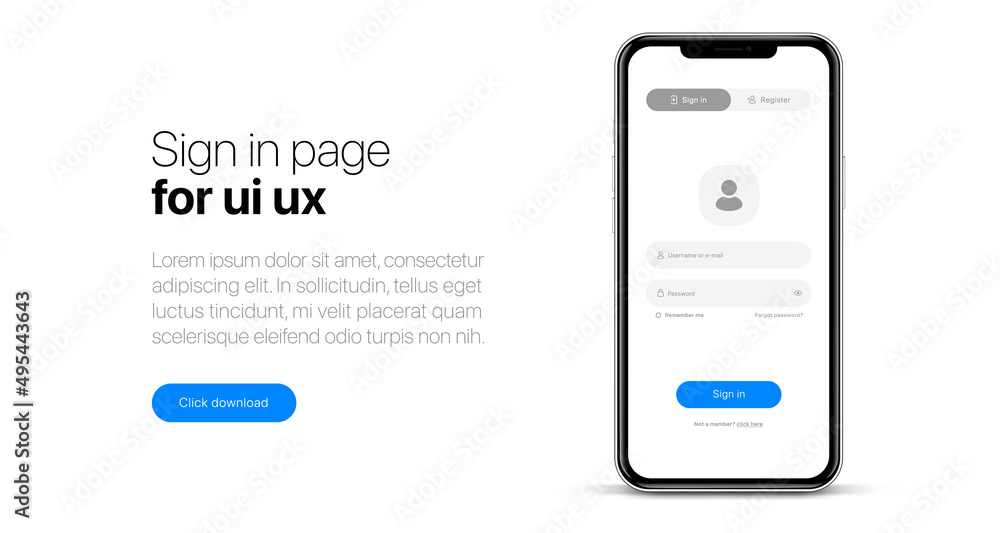 Poster Log in screen. Sign in page. Mobile application interface, registration form with login and password fields. Website UI UX with buttons and network account sign. Vector web page mockup for smartphone.
