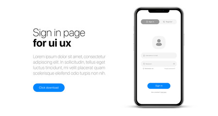 Log in screen. Sign in page. Mobile application interface, registration form with login and password fields. Website UI UX with buttons and network account sign. Vector web page mockup for smartphone.