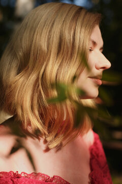 Portrait of blonde woman outdoor