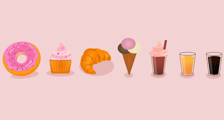 Set icons of desserts and drinks (donut, muffin, croissant, ice-cream, coffee and soda