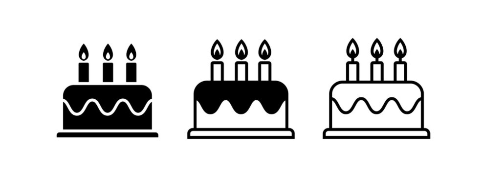 Cake icon. Symbol of the holiday, birthday. Festive cake with a candle. Isolated raster illustration on a white background.